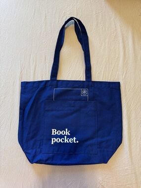 Blue 'Book pocket.' Canvas Tote Bag
